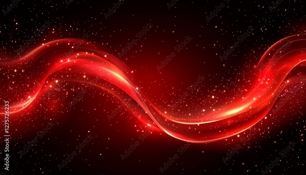 Poster abstract red light trails with sparkling particles on a dark background, energy and motion concept