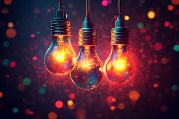 Hanging light bulbs, glowing brightly, bokeh background, inspiration