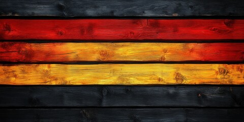 Horizontal wooden planks painted in the colors of the German flag displayed on a rustic background