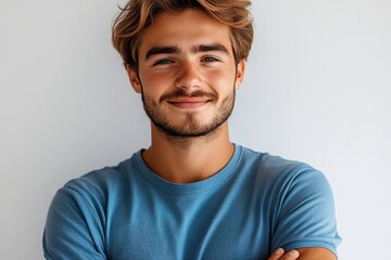Obraz premium Young man with smiling expression poses confidently in a casual blue t-shirt against a neutral background