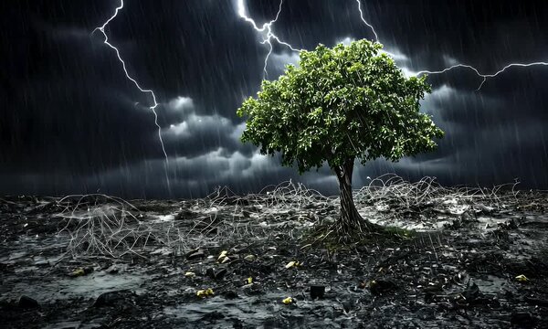 A resilient tree stands alone in a stormy landscape, surrounded by dark clouds and lightning