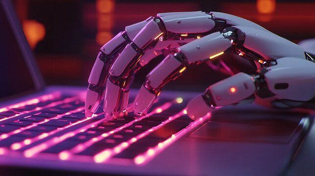 Robotic Hand on Laptop Keyboard, A close-up view of a robotic hand resting on a laptop keyboard