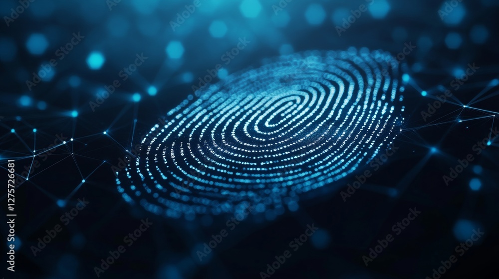 Poster digital fingerprint on blue technology background with connected dots network, triangles and lines.