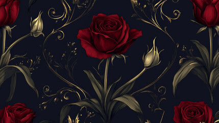 Elegant red roses with intricate gold detailing on dark background