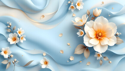 Obraz premium A dreamy floral composition with blue and golden flowers arranged in a swirling wave-like pattern, enhanced by soft lighting, subtle sparkles, and flowing ribbon-like elements.