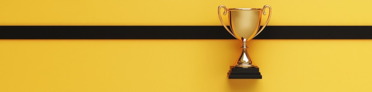 The concept of winning and success is embodied by a champion gold trophy cup on a bright yellow background, signifying first place in a competition with a simple flat lay design