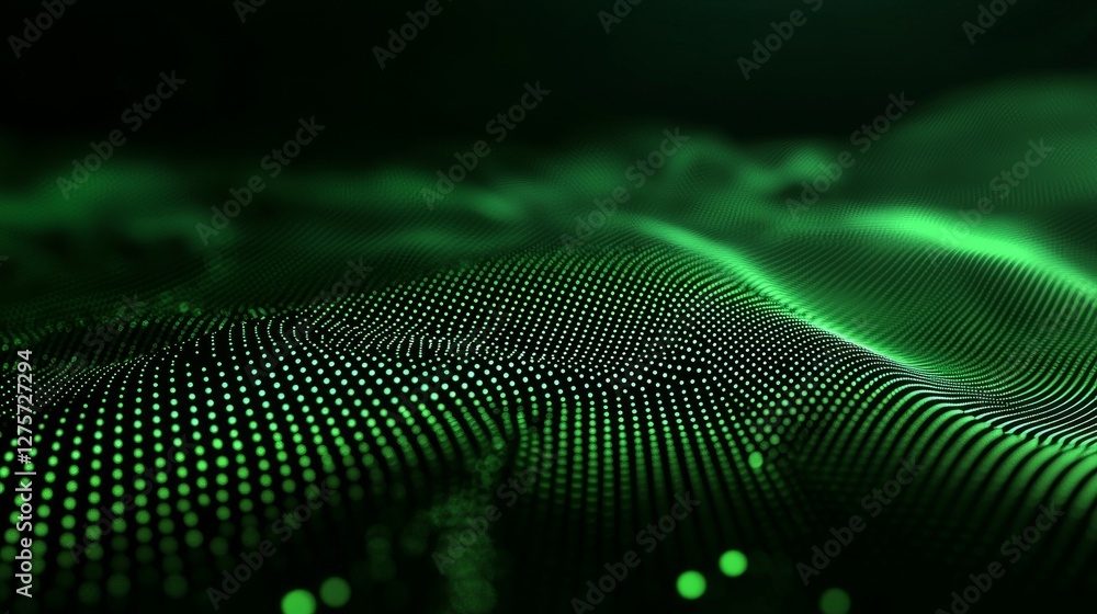 Poster a dark background features a gradient texture of a green wave light screen, symbolizing abstract tec