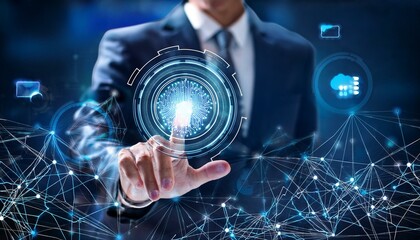 AI business and generative artificial intelligence. Data analysis and robotic processes automation. Businessman touching AI icon on application network 