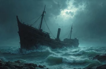 Fototapete Rund Wreckage of ancient vessel in stormy sea, heavy rain, dark clouds. Broken wooden ship abandoned near rocks. Nautical disaster, maritime exploration, old shipwreck, mystery, adventure. © Pete