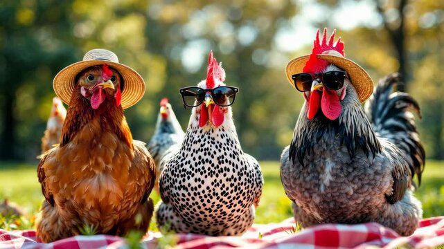 Fashionable Fowl Friends: A delightful scene featuring chickens sporting sunglasses and hats, posing on a picnic blanket in a sunny outdoor setting.
