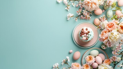 Stylish top down view of an elegantly set Easter brunch table featuring decorative egg themed plates a vase of fresh flowers