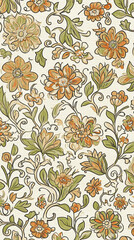 Floral pattern with orange and green flowers on light background