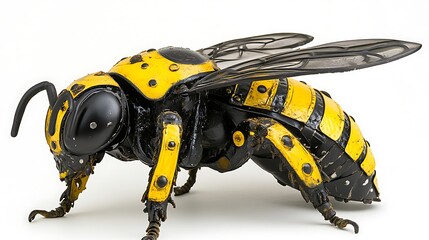 Robotic bee model, detailed, yellow, black, metal.