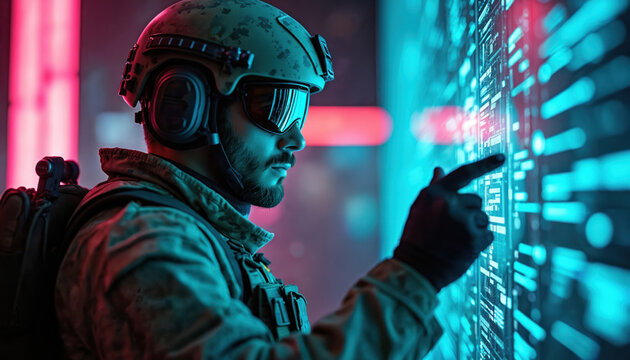Futuristic soldier interfaces with advanced digital tech. Merging army prowess, cyber warfare in neon lit, data rich environment. Military defense innovation in security operations.