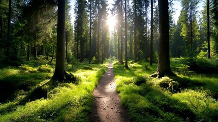 Obraz premium In Leuven, Belgium, a picturesque walkway winds through a vibrant green spring beech forest, creating a breathtaking natural tunnel that embodies the essence of atmospheric landscapes, eco tourism,