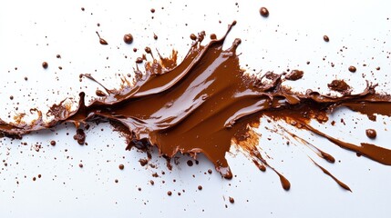 Melting chocolate splatter on a clean white surface creates an artistic abstract display in a bright kitchen setting