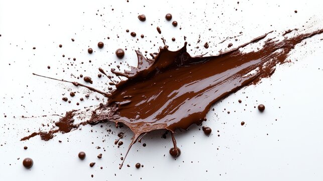 Chocolate splatter on white surface highlights the richness and texture of melted cacao in a creative culinary presentation