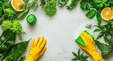 A woman's hand, clad in a yellow latex glove, cleans a tile with a sponge, with a sink full of foam nearby, symbolizing bathroom or kitchen cleanliness, and leaving space for additional text or