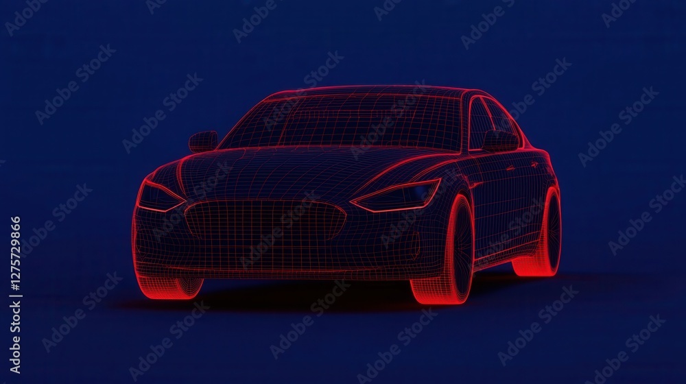 Poster futuristic wireframe car design with neon effect on dark background