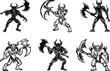 Creative muscular demon warrior with battle vector illustration set, muscular demon warrior with battle silhouette and line art isolated vector design