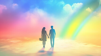 Fototapeta premium A vibrant rainbow stretching across a bright blue sky after a summer rain, fluffy white clouds scattered in the background