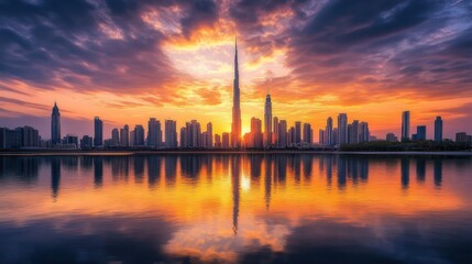 Fototapeta premium A vibrant rainbow stretching across a bright blue sky after a summer rain, fluffy white clouds scattered in the background
