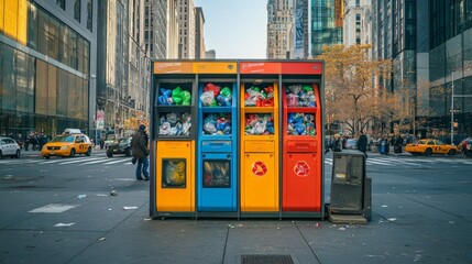 Colorful Recycling Bins on City Street with Busy Pedestrian Traffic