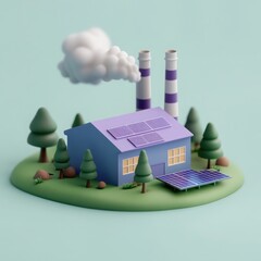 A simple isometric 3D icon of a solar power plant with a purple roof and white smokestacks, designed in a cartoon style. 
