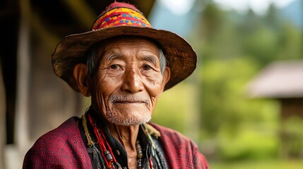 Fototapeta premium Portrait of an elderly indigenous man wearing a traditional hat and clothing, outdoors.