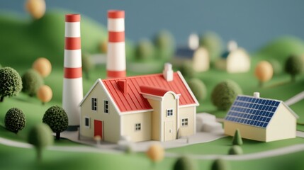An isometric 3D icon of a solar power plant with a red roof and white smokestacks. The plant is designed in a cartoon style with smooth, shiny surfaces and soft renderings. 