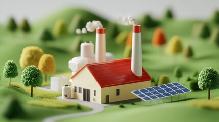 An isometric 3D icon of a solar power plant with a red roof and white smokestacks. The plant is designed in a cartoon style with smooth, shiny surfaces and soft renderings.