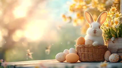 Fluffy White Rabbit Resting Peacefully on Wooden Porch with Basket of Eggs Beside It in a Serene Softly Blurred Outdoor Setting