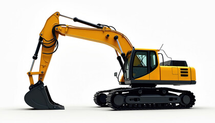 Side view of yellow excavator on clean white background. Detailed hyperrealistic construction earthmover. Heavy hydraulic engineering equipment machine for city construction site.