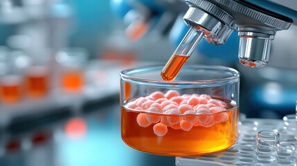 petri dish with orange liquid and spherical structures is being examined under microscope, highlighting advanced antibiotic resistant bacteria analysis in laboratory setting