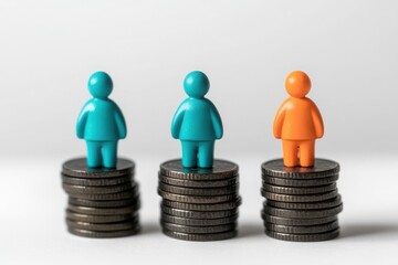 Three teal and orange toy figures on stacks made from black coins, arranged in an even row, all standing equidistant from each other. 