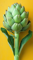 Obraz premium Fresh artichoke displayed against a bright yellow background highlighting its vibrant color and texture during daylight