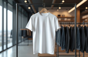 Clean white tshirt on wooden hanger at clothes rack. Apparel store. Stylish casual garment. Blank t-shirt for brand name, logo, text. Minimalist mockup design at modern shop.