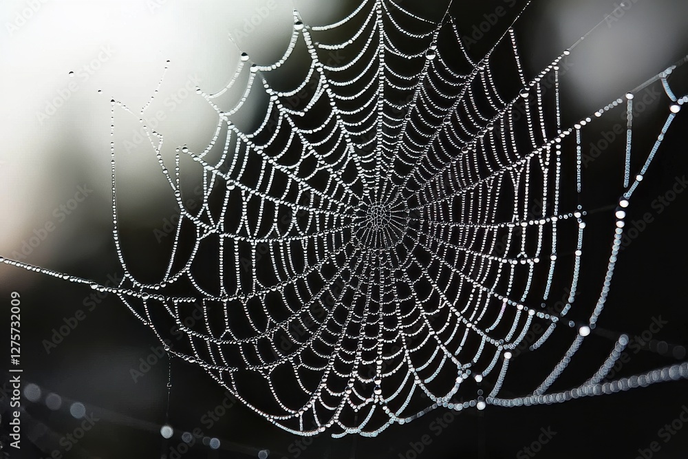 Poster a spiderweb covered in delicate water droplets, creating a mesmerizing and intricate pattern against