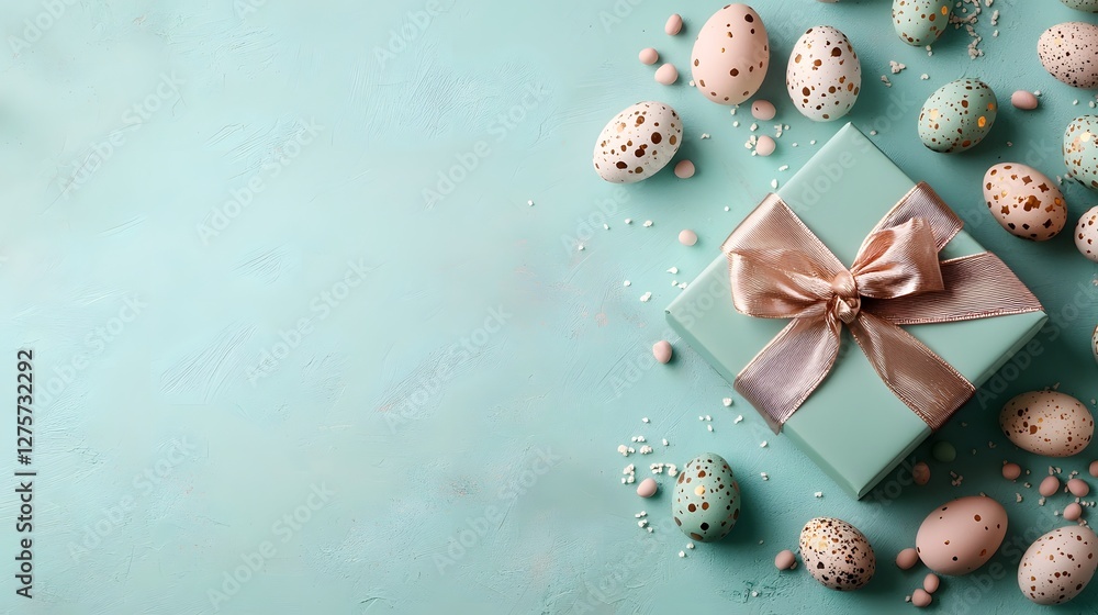 Poster elegant easter gift box tied with a satin ribbon surrounded by tiny decorative eggs in a flat lay to