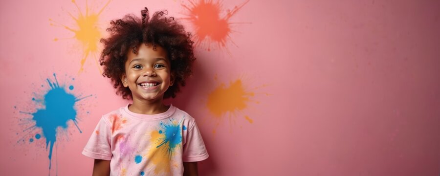Smiling afro american child with colorful paint spots on t-shirt and background looks at camera. Space place for text. Happy kid playing alone at home.