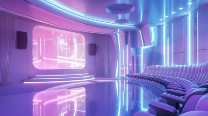 Obraz premium A concept of a cinema hall made entirely of glowing glass, futuristic chairs and a floating holographic projector