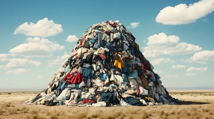 A dramatic mountain of old, dirty discarded clothes in the middle of a desert