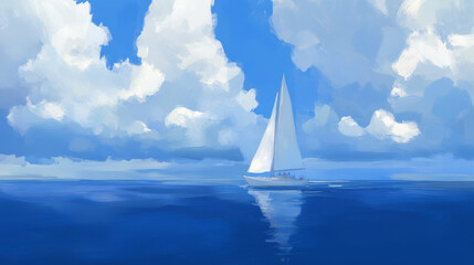 Sailing boat on calm blue ocean under bright clouds