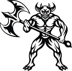 Creative muscular demon warrior with battle vector illustration, muscular demon warrior with battle silhouette and line art isolated vector design