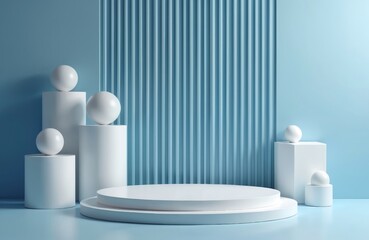 Front view of podium decorated in blue. Geometric shapes cylinder, cube, sphere for showcase or product display. Modern abstract simple design, empty space for presentation, template, mockup.