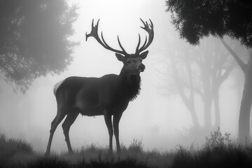A majestic stag in the ethereal embrace of fog, its impressive antlers piercing the mist in a monochrome woodland setting, evoking a sense of mystery.