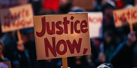 Protesters holding justice now signs at demonstration for equal rights
