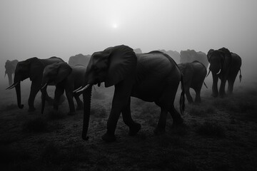A monochromatic image capturing a majestic herd of elephants walking through a foggy landscape, creating a serene and mysterious ambiance in the wild plains of Africa.