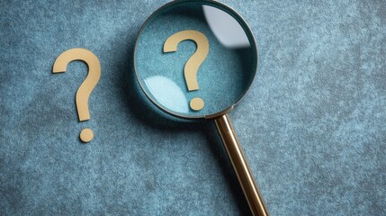 Magnifying glass positioned over question marks against a textured blue background, emphasizing curiosity and inquiry in a thoughtful moment of discovery