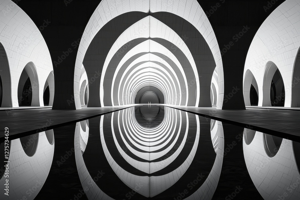 Poster a mesmerizing architectural design featuring a series of symmetrical arches and a reflective pool, c